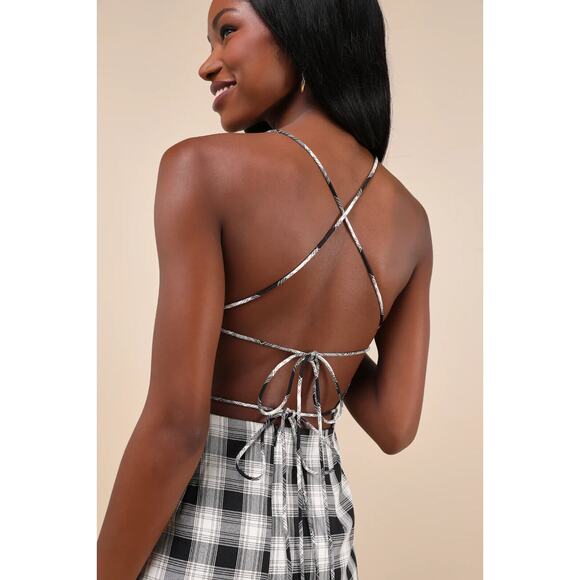 Lulus Sweetest Memory Black Plaid Lace-Up Mini Dress with Pockets Size M - Picture 4 of 5